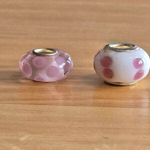 Murano Glass Charm Bracelet Bead Spacer Silvertone Women's White Pink Spotted